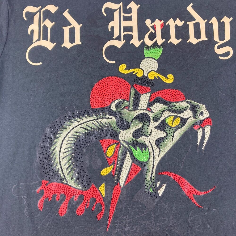 Ed Hardy T Shirt Men's L Black Rhinestone Tiger Graphic Y2K Tattoo Double Sided